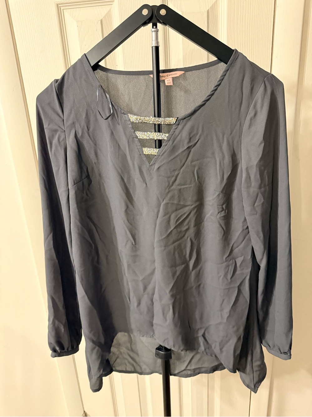Juicy Couture Charcoal Gray Sheer Rhinestone Ladder Cutout Blouse Top XS